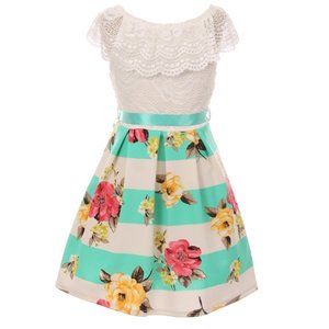 Cold Shoulder Floral Stripe Holiday Party Easter Graduation Flower Girl Dress